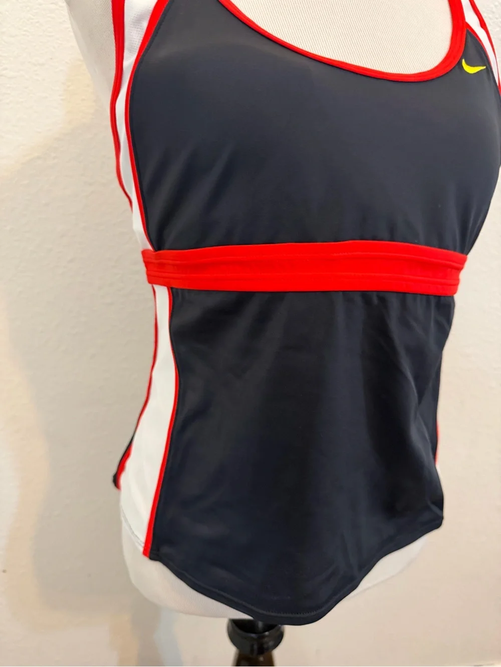 Nike Black Red White Tankini Swim Top with Yellow Swoosh New